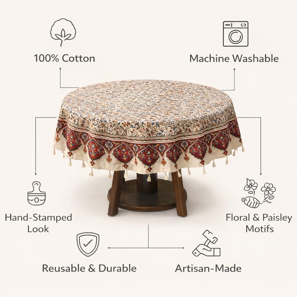 BLUENIYA 48" Round Ghalamkar Cotton Tablecloth – Hand-Stamped Floral Paisley, Washable