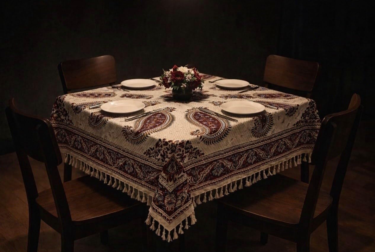 BLUENIYA 40" Square Ghalamkar Cotton Tablecloth – Hand Block Printed Persian Paisley, Washable