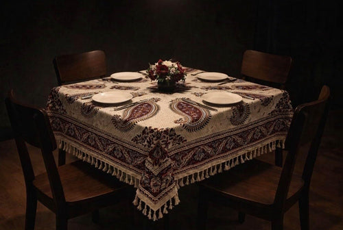 BLUENIYA 40" Square Ghalamkar Cotton Tablecloth – Hand Block Printed Persian Paisley, Washable