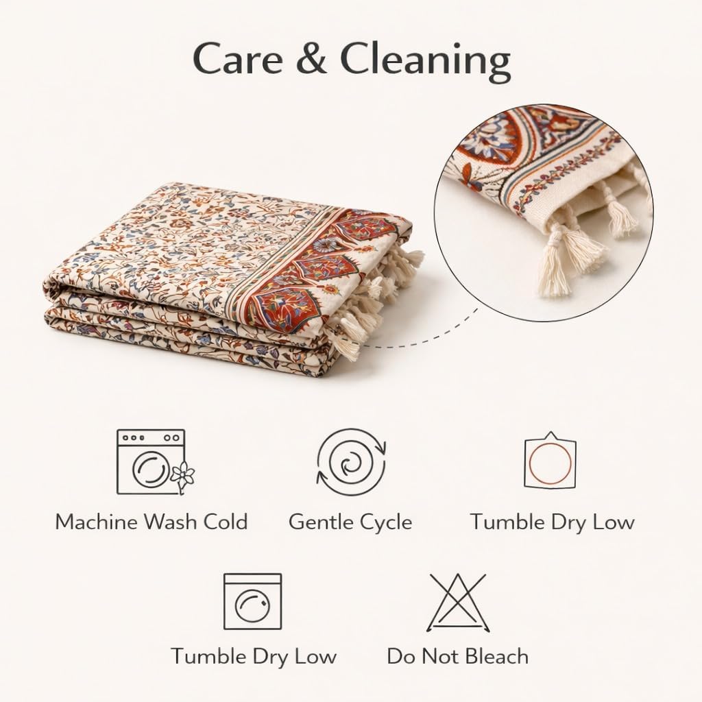 BLUENIYA 48" Round Ghalamkar Cotton Tablecloth – Hand-Stamped Floral Paisley, Washable