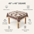 BLUENIYA 40" Square Ghalamkar Cotton Tablecloth – Hand Block Printed Persian Paisley, Washable