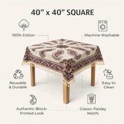 BLUENIYA 40" Square Ghalamkar Cotton Tablecloth – Hand Block Printed Persian Paisley, Washable