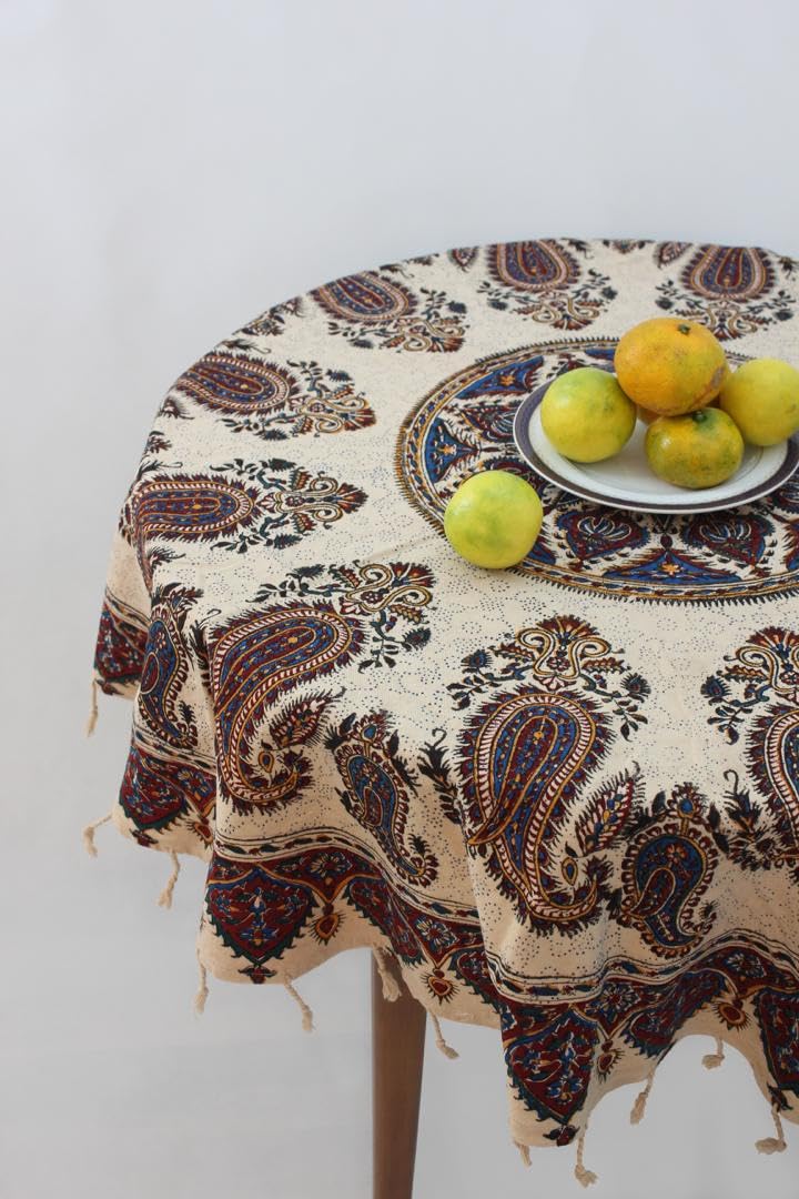 BLUENIYA 70" Round Cotton Tablecloth – Hand Block Printed Vintage Paisley