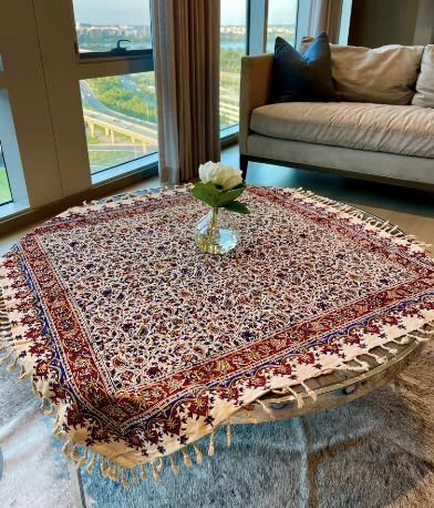 BLUENIYA 40" Square Ghalamkar Cotton Tablecloth – Hand Block Printed Persian Floral Vine, Washable