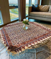 BLUENIYA 40" Square Ghalamkar Cotton Tablecloth – Hand Block Printed Persian Floral Vine, Washable