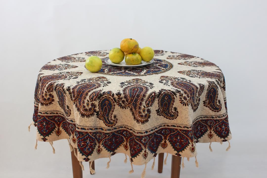 BLUENIYA 70" Round Cotton Tablecloth – Hand Block Printed Vintage Paisley