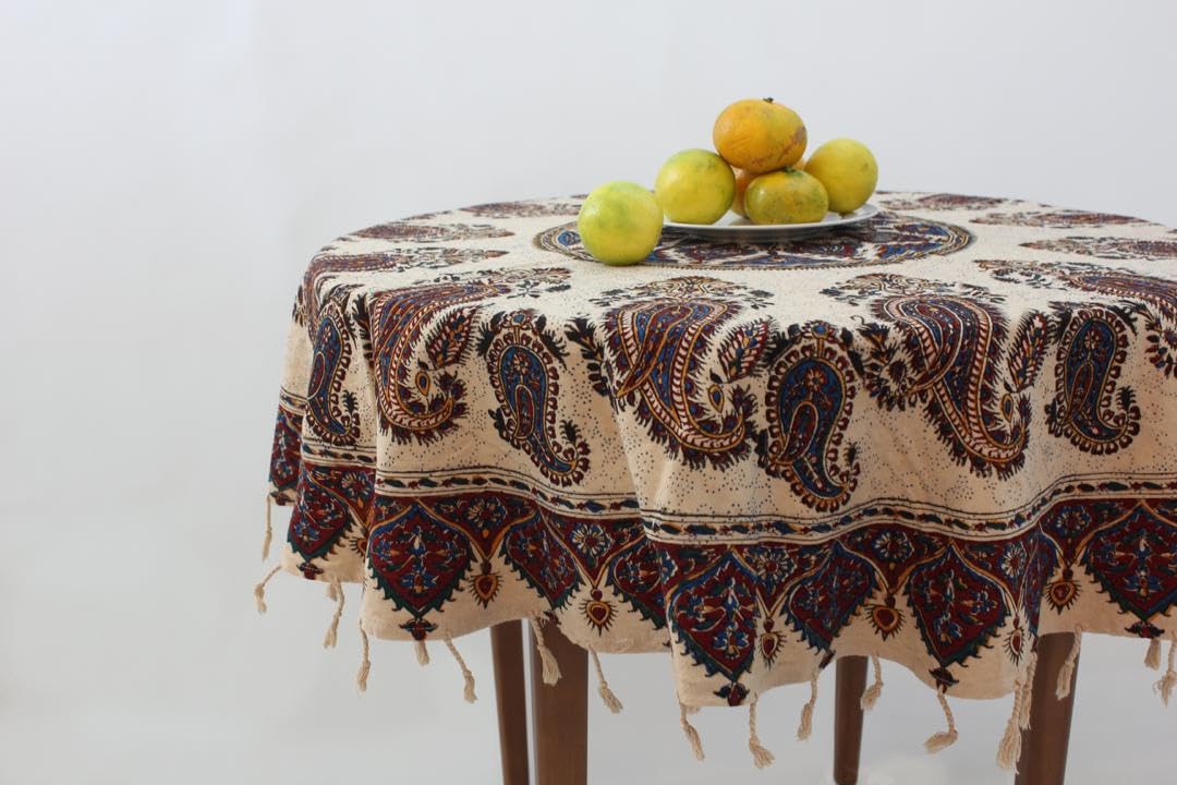 BLUENIYA 70" Round Cotton Tablecloth – Hand Block Printed Vintage Paisley