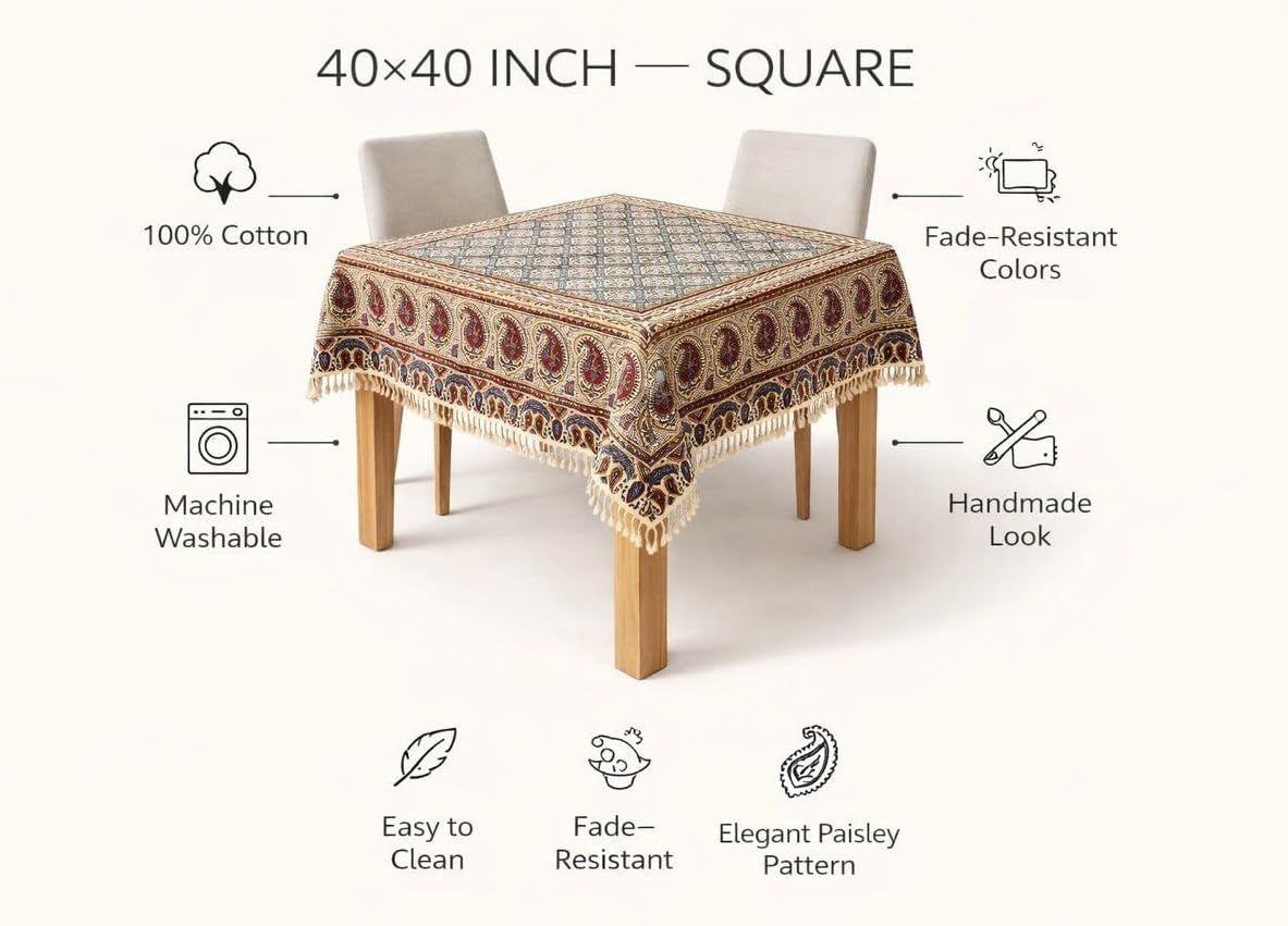 BLUENIYA 40" Square Ghalamkar Cotton Tablecloth – Hand Block Printed Persian Tile & Paisley, Washable