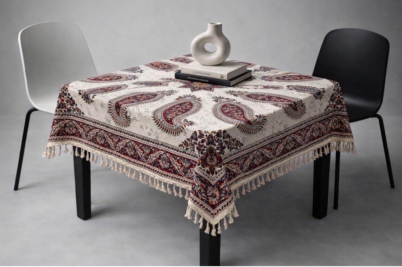 BLUENIYA 40" Square Ghalamkar Cotton Tablecloth – Hand Block Printed Persian Paisley, Washable