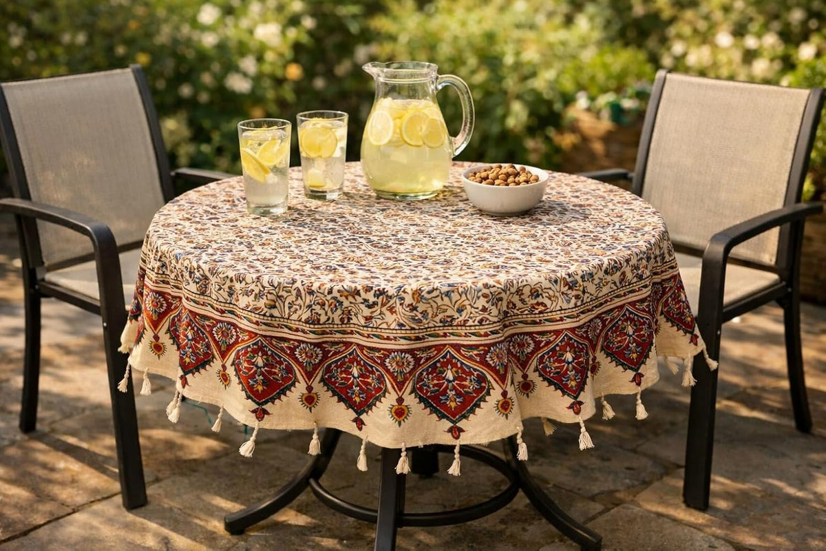 BLUENIYA 48" Round Ghalamkar Cotton Tablecloth – Hand-Stamped Floral Paisley, Washable