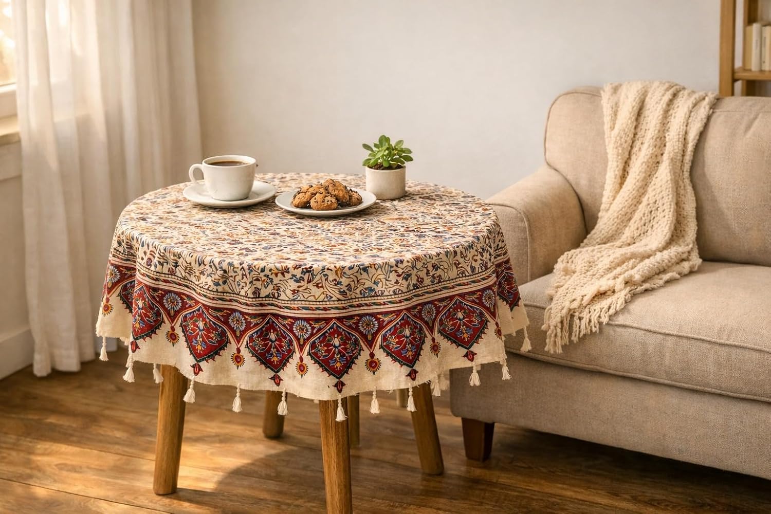 BLUENIYA 48" Round Ghalamkar Cotton Tablecloth – Hand-Stamped Floral Paisley, Washable