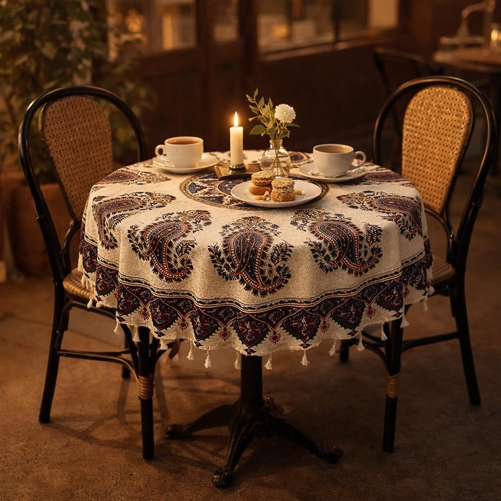BLUENIYA 70" Round Cotton Tablecloth – Hand Block Printed Vintage Paisley