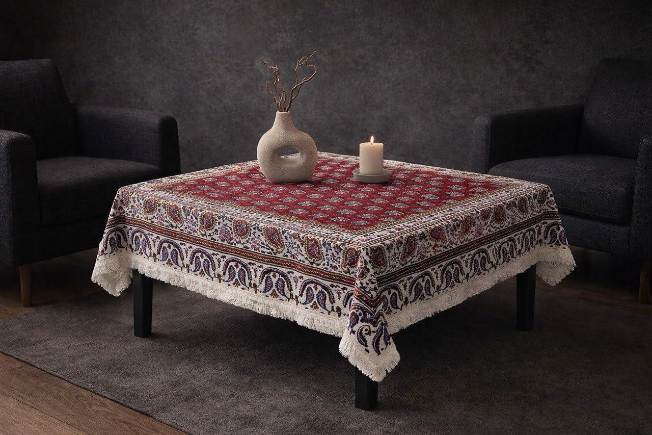BLUENIYA 40" Square Ghalamkar Cotton Tablecloth – Hand Block Printed Persian Red Floral, Washable