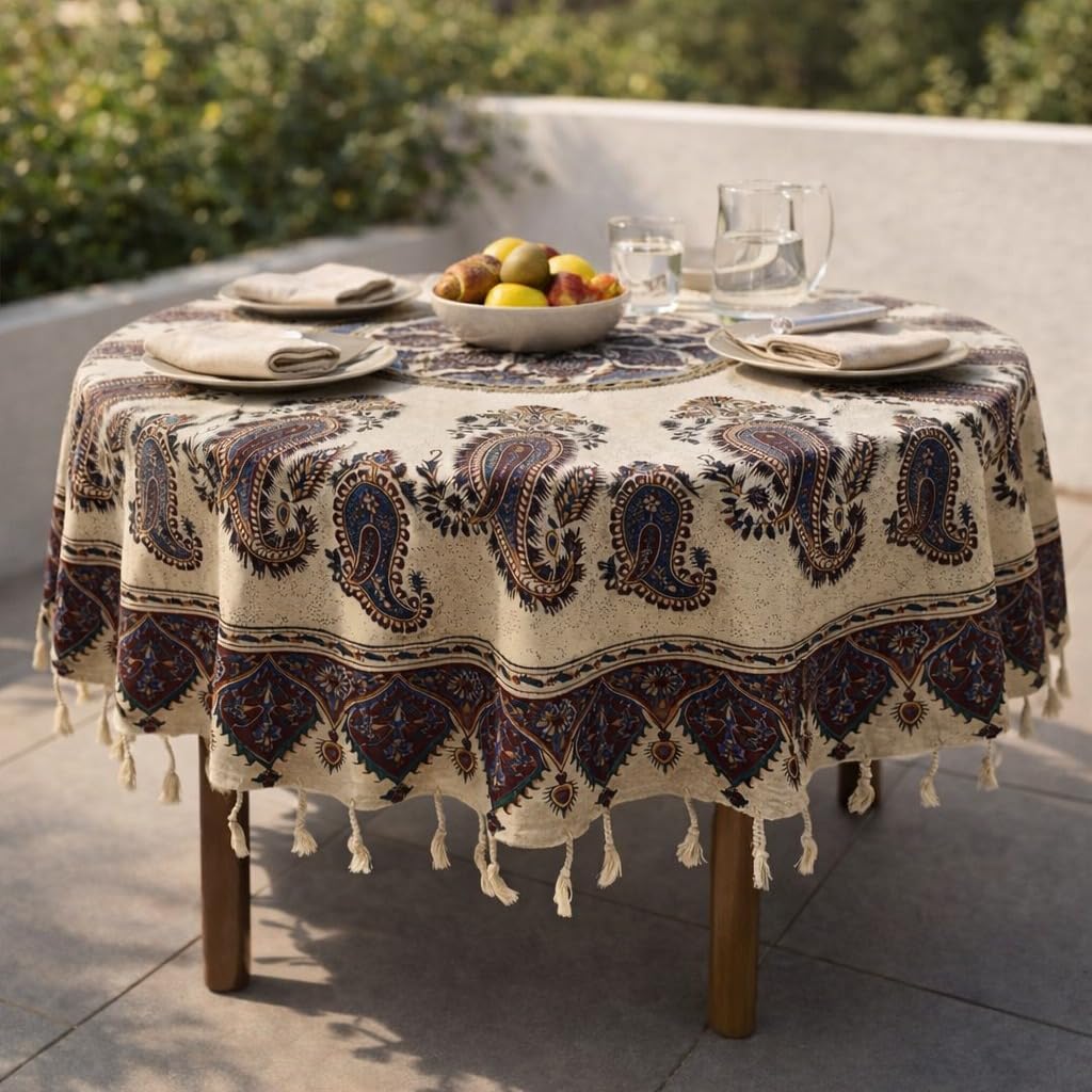 BLUENIYA 70" Round Cotton Tablecloth – Hand Block Printed Vintage Paisley