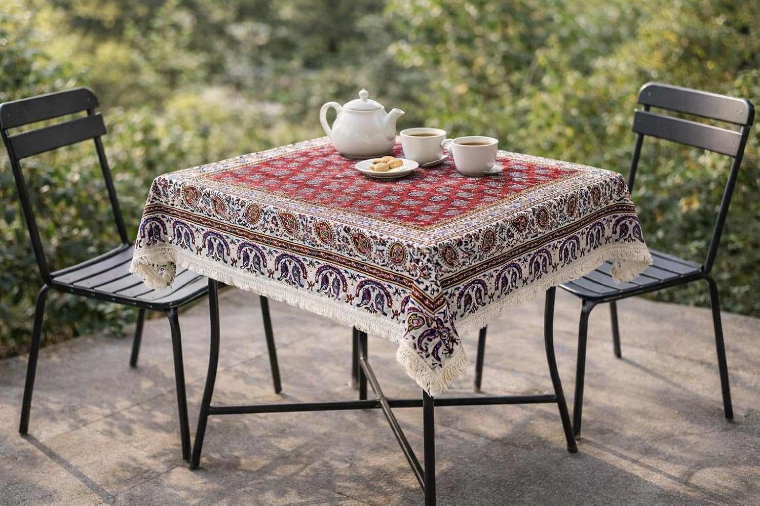 BLUENIYA 40" Square Ghalamkar Cotton Tablecloth – Hand Block Printed Persian Red Floral, Washable