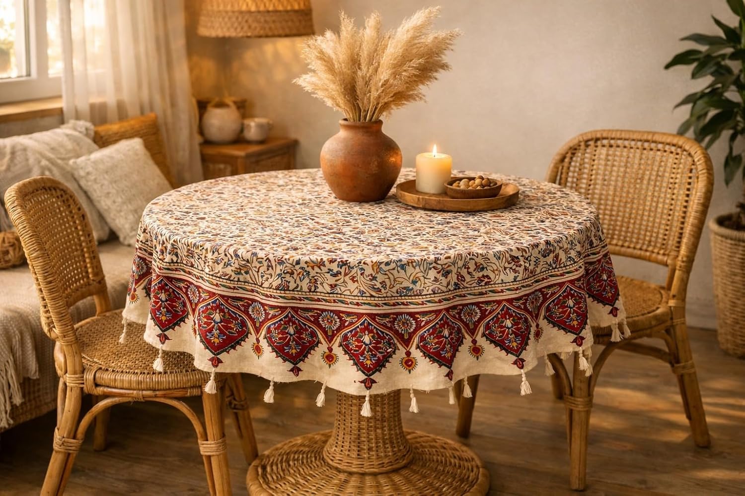 BLUENIYA 48" Round Ghalamkar Cotton Tablecloth – Hand-Stamped Floral Paisley, Washable