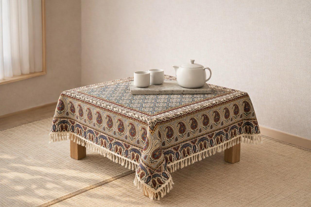 BLUENIYA 40" Square Ghalamkar Cotton Tablecloth – Hand Block Printed Persian Tile & Paisley, Washable