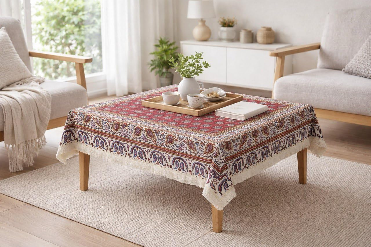 BLUENIYA 40" Square Ghalamkar Cotton Tablecloth – Hand Block Printed Persian Red Floral, Washable