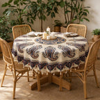 BLUENIYA 70" Round Cotton Tablecloth – Hand Block Printed Vintage Paisley
