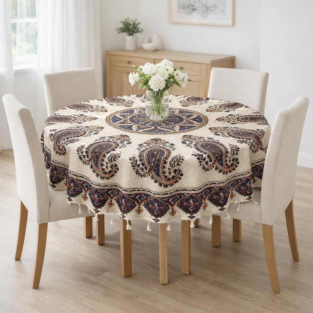 BLUENIYA 70" Round Cotton Tablecloth – Hand Block Printed Vintage Paisley