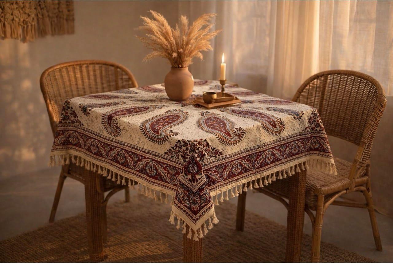 BLUENIYA 40” Square Ghalamkar Tablecloth – Hand-Printed Cotton Paisley Table Cover, Washable Reusable Decor