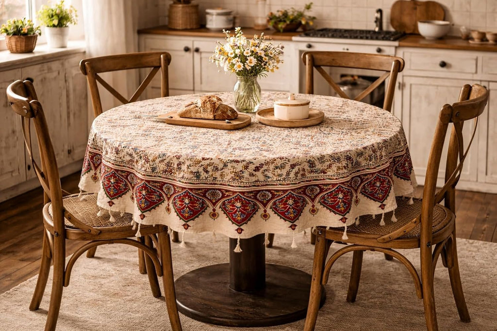 BLUENIYA 48" Round Ghalamkar Cotton Tablecloth – Hand-Stamped Floral Paisley, Washable
