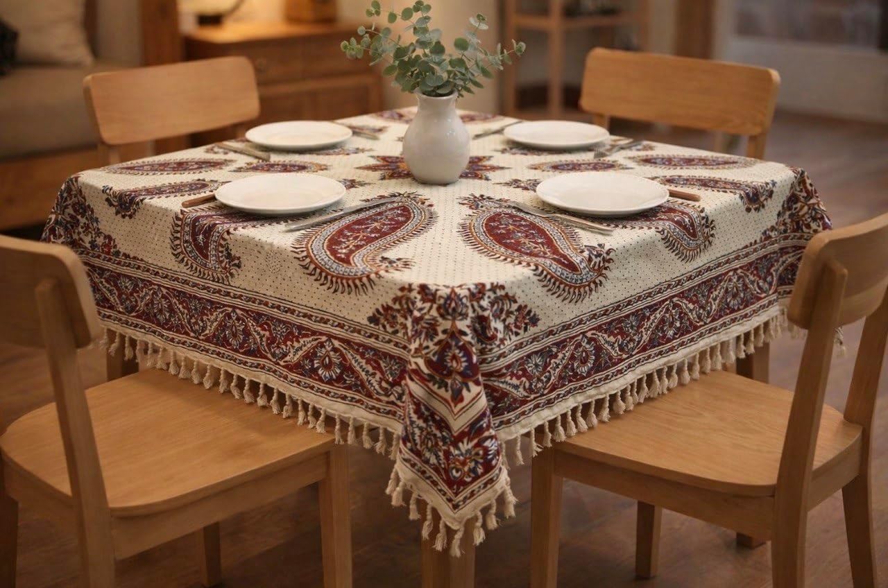 BLUENIYA 40" Square Ghalamkar Cotton Tablecloth – Hand Block Printed Persian Paisley, Washable