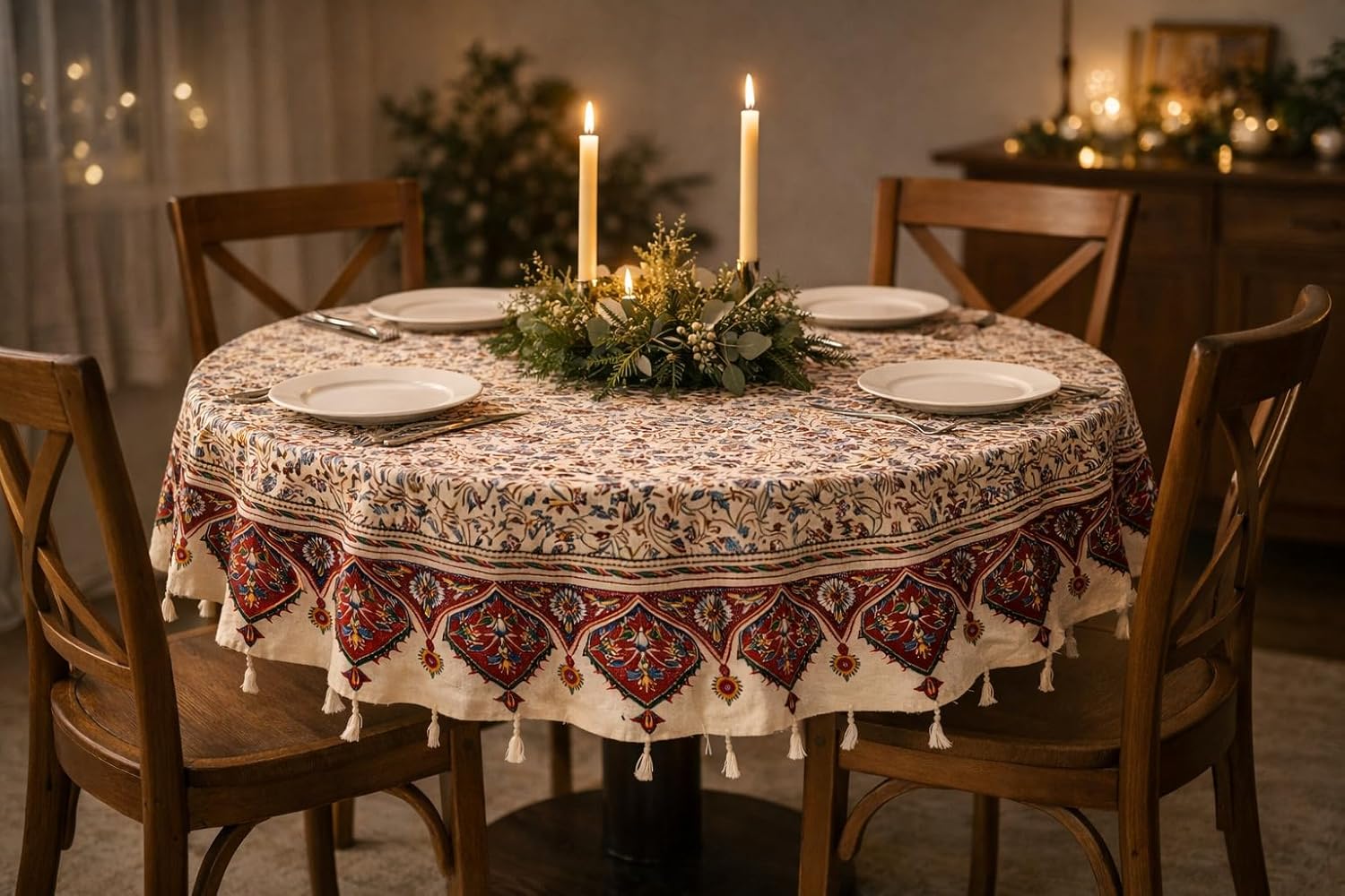 BLUENIYA 48" Round Ghalamkar Cotton Tablecloth – Hand-Stamped Floral Paisley, Washable