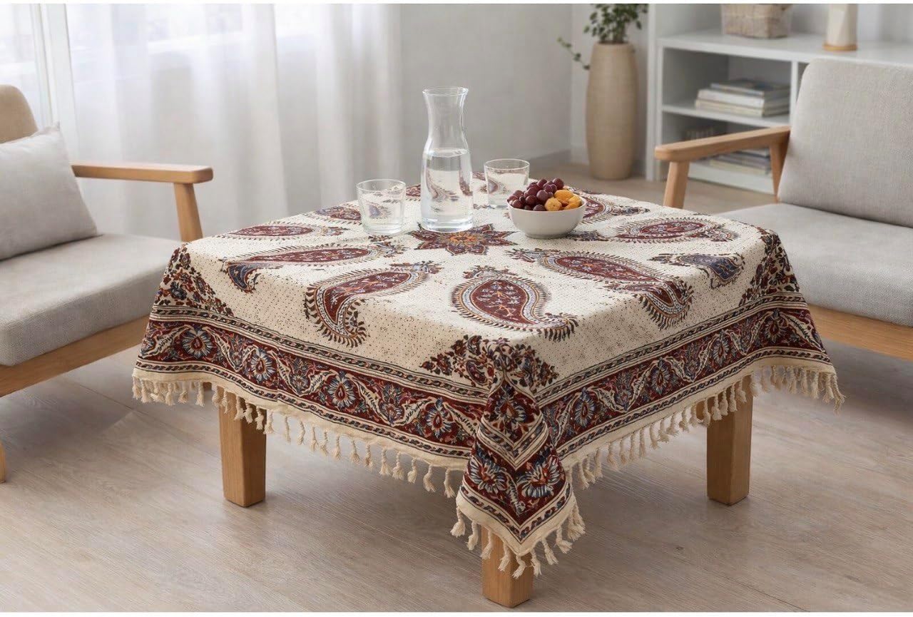 BLUENIYA 40" Square Ghalamkar Cotton Tablecloth – Hand Block Printed Persian Paisley, Washable