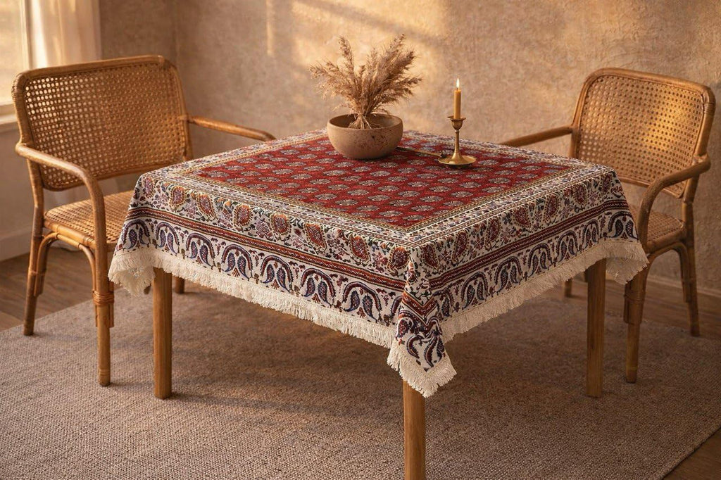BLUENIYA 40" Square Ghalamkar Cotton Tablecloth – Hand Block Printed Persian Red Floral, Washable