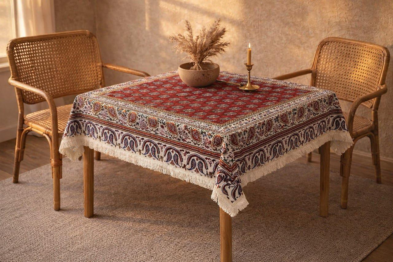 BLUENIYA 40" Square Ghalamkar Cotton Tablecloth – Hand Block Printed Persian Red Floral, Washable