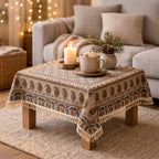 BLUENIYA 40" Square Ghalamkar Cotton Tablecloth – Hand Block Printed Persian Tile & Paisley, Washable