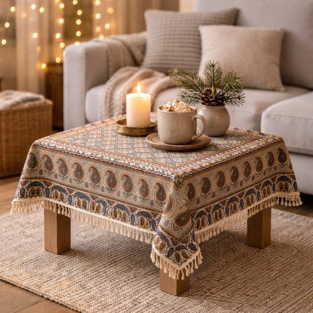 BLUENIYA 40" Square Ghalamkar Cotton Tablecloth – Hand Block Printed Persian Tile & Paisley, Washable