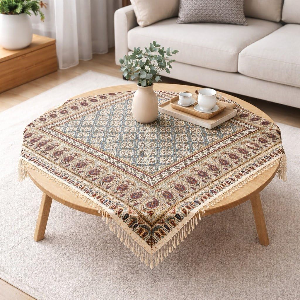 BLUENIYA 40" Square Ghalamkar Cotton Tablecloth – Hand Block Printed Persian Tile & Paisley, Washable