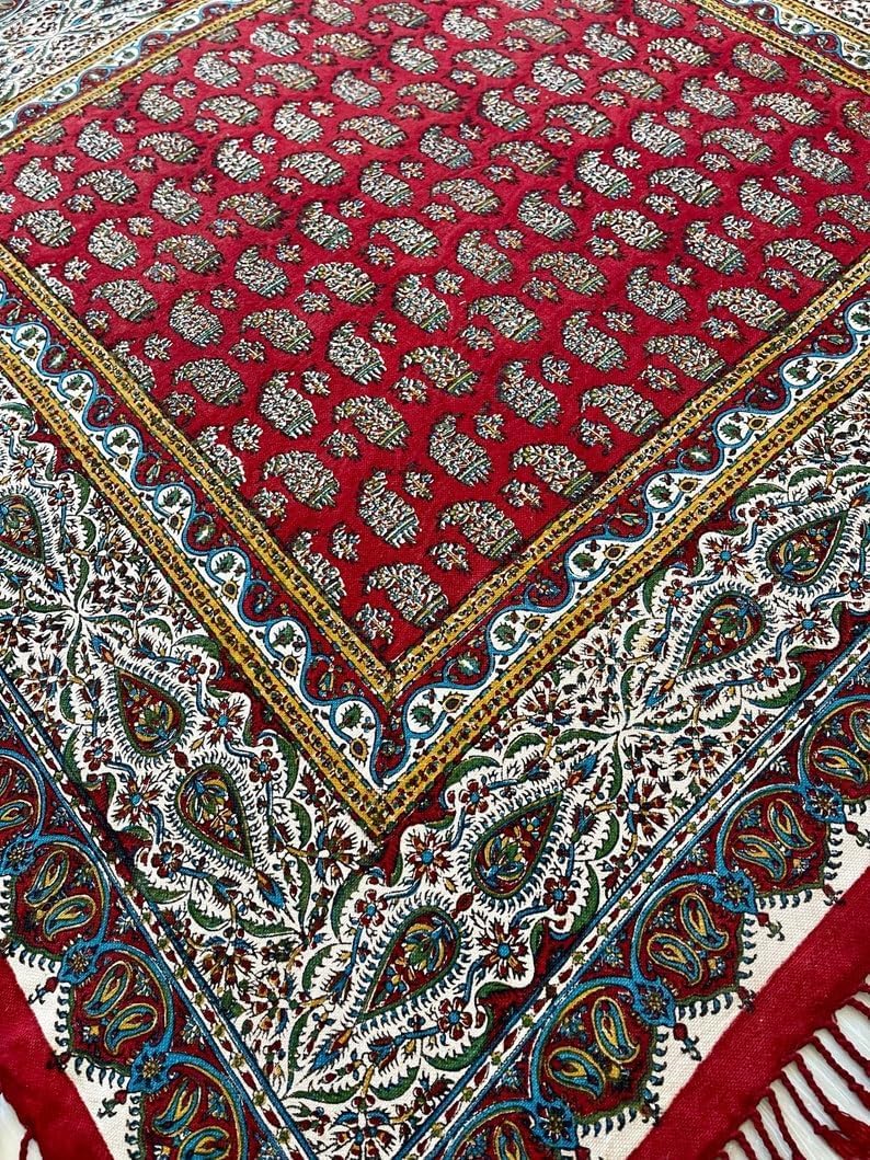 BLUENIYA 40" Square Ghalamkar Cotton Tablecloth – Hand Block Printed Persian Red Floral, Washable