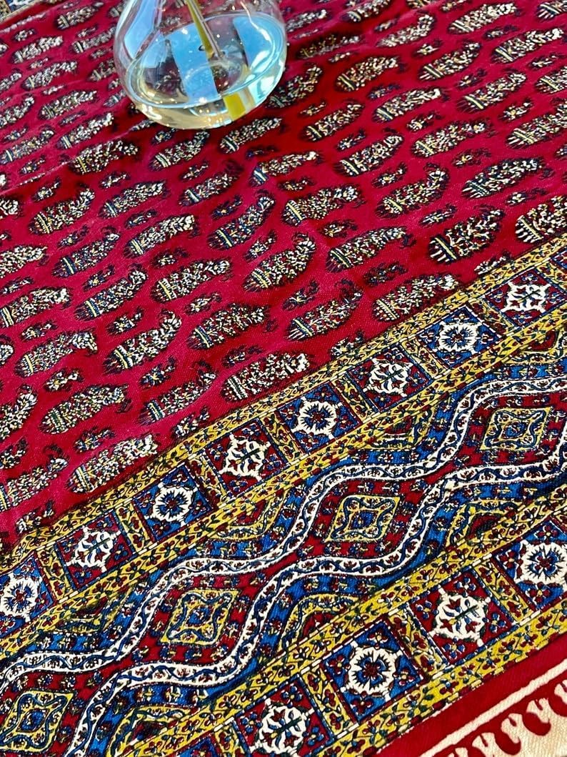 BLUENIYA 40" Square Ghalamkar Cotton Tablecloth – Hand Block Printed Persian Red Floral, Washable