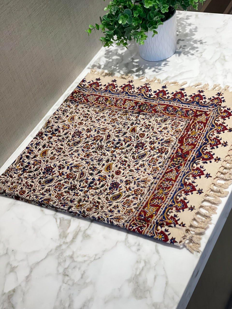 BLUENIYA 40" Square Ghalamkar Cotton Tablecloth – Hand Block Printed Persian Floral Vine, Washable