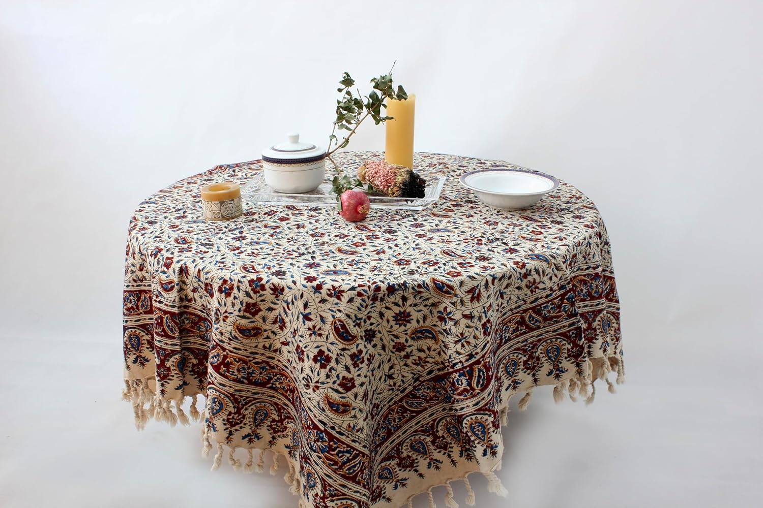 BLUENIYA 40” x 40” Square Ghalamkar Tablecloth – Hand Block Printed Cotton, Floral Paisley Table Cover, Washable Reusable