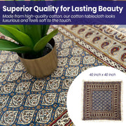 BLUENIYA 40" Square Ghalamkar Cotton Tablecloth – Hand Block Printed Persian Tile & Paisley, Washable