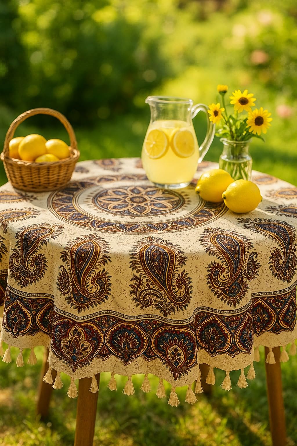 BLUENIYA 70" Round Cotton Tablecloth – Hand Block Printed Vintage Paisley