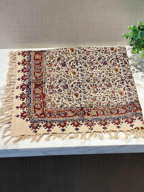 BLUENIYA 40" Square Ghalamkar Cotton Tablecloth – Hand Block Printed Persian Floral Vine, Washable