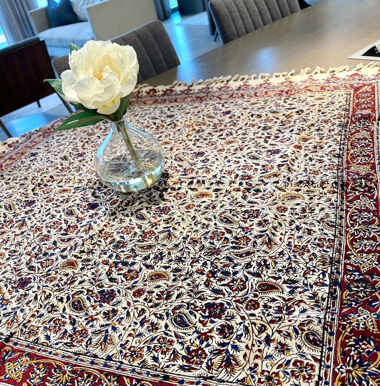 BLUENIYA 40" Square Ghalamkar Cotton Tablecloth – Hand Block Printed Persian Floral Vine, Washable