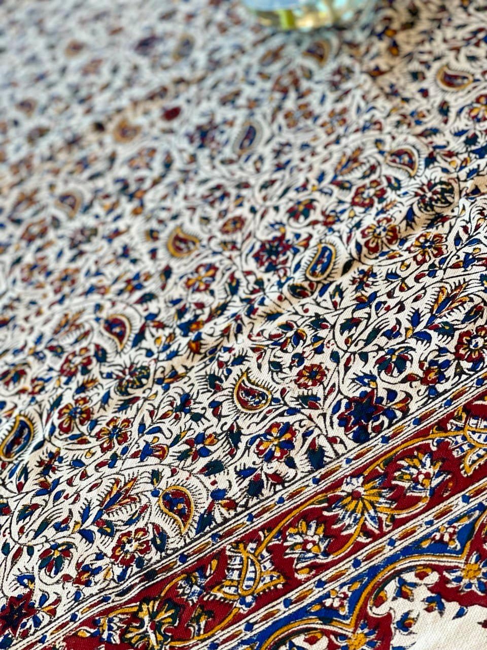 BLUENIYA 40" Square Ghalamkar Cotton Tablecloth – Hand Block Printed Persian Floral Vine, Washable