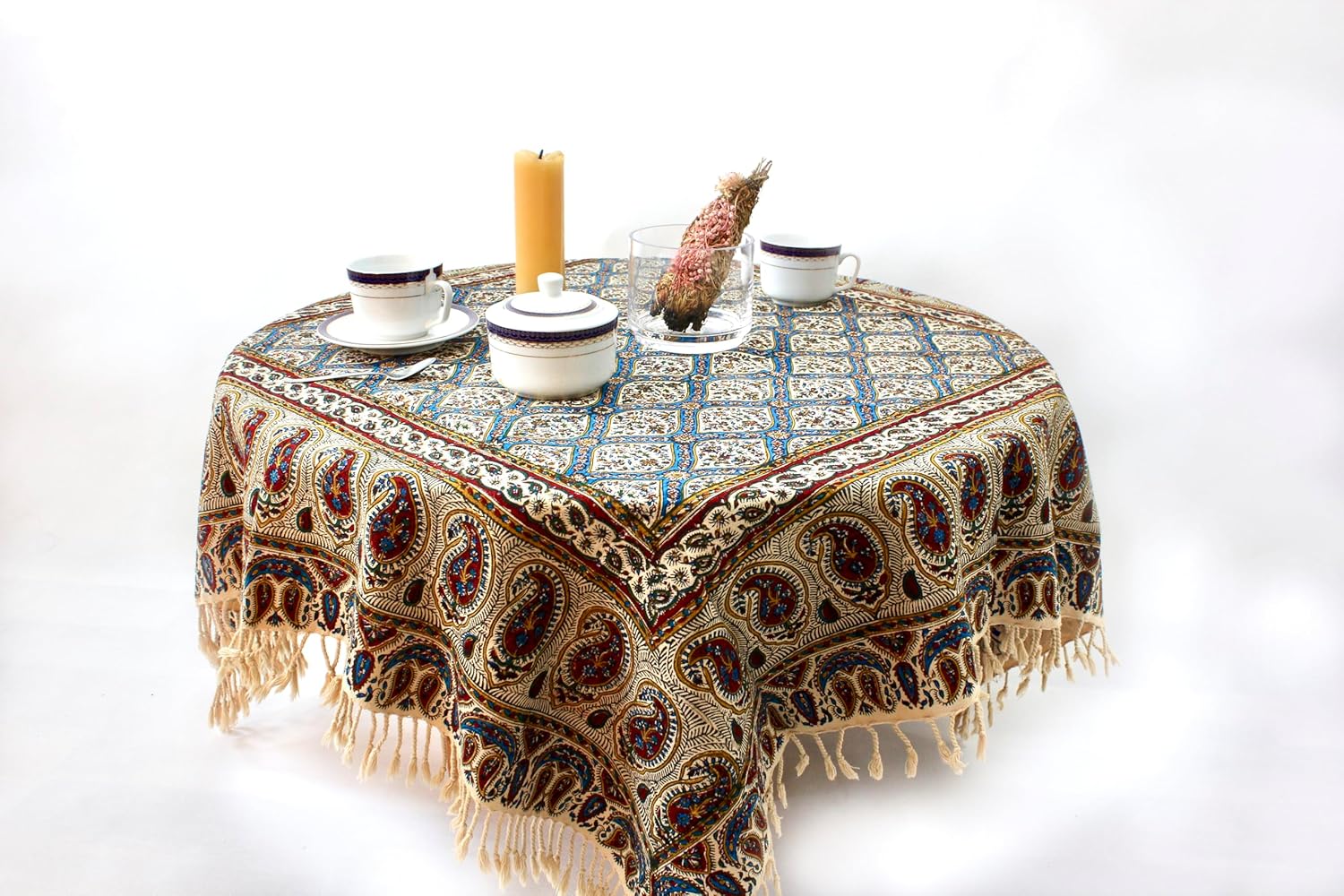 BLUENIYA 40" Square Ghalamkar Cotton Tablecloth – Hand Block Printed Persian Tile & Paisley, Washable