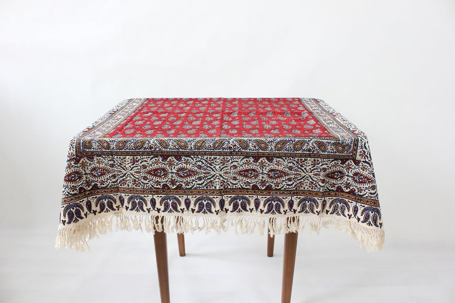 BLUENIYA 40" Square Ghalamkar Cotton Tablecloth – Hand Block Printed Persian Red Floral, Washable