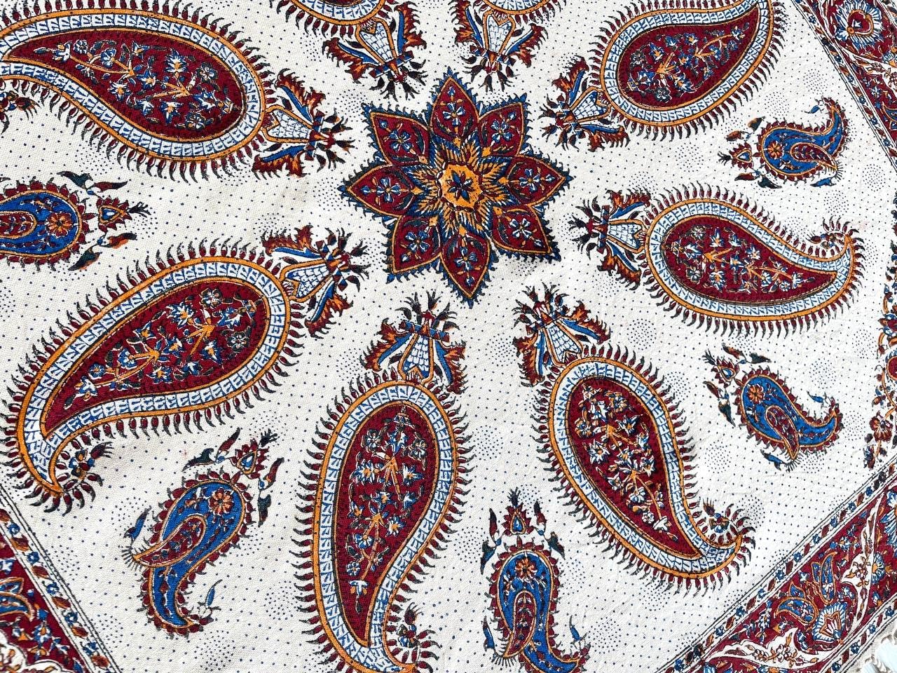 BLUENIYA 40" Square Ghalamkar Cotton Tablecloth – Hand Block Printed Persian Paisley, Washable
