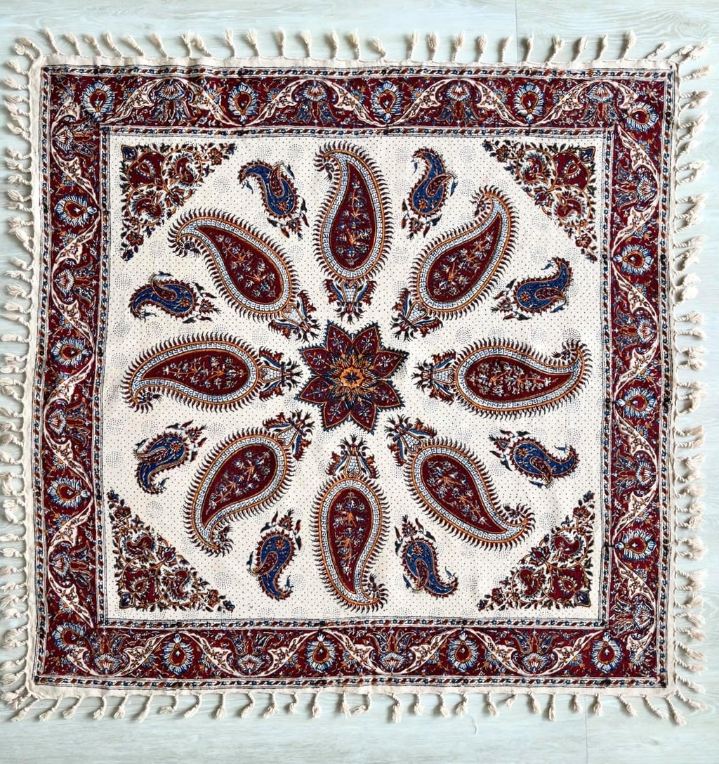 BLUENIYA 40" Square Ghalamkar Cotton Tablecloth – Hand Block Printed Persian Paisley, Washable