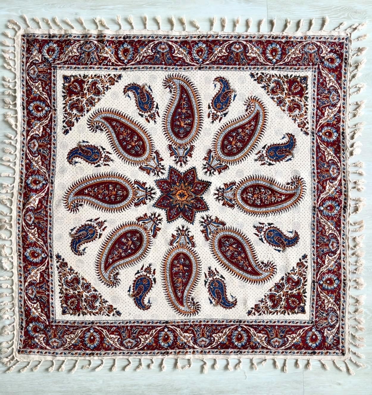 BLUENIYA 40" Square Ghalamkar Cotton Tablecloth – Hand Block Printed Persian Paisley, Washable