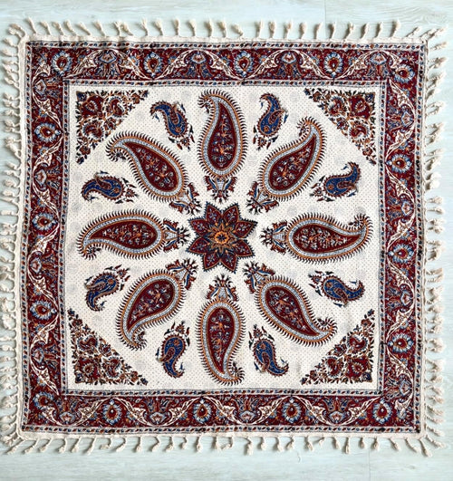 BLUENIYA 40" Square Ghalamkar Cotton Tablecloth – Hand Block Printed Persian Paisley, Washable