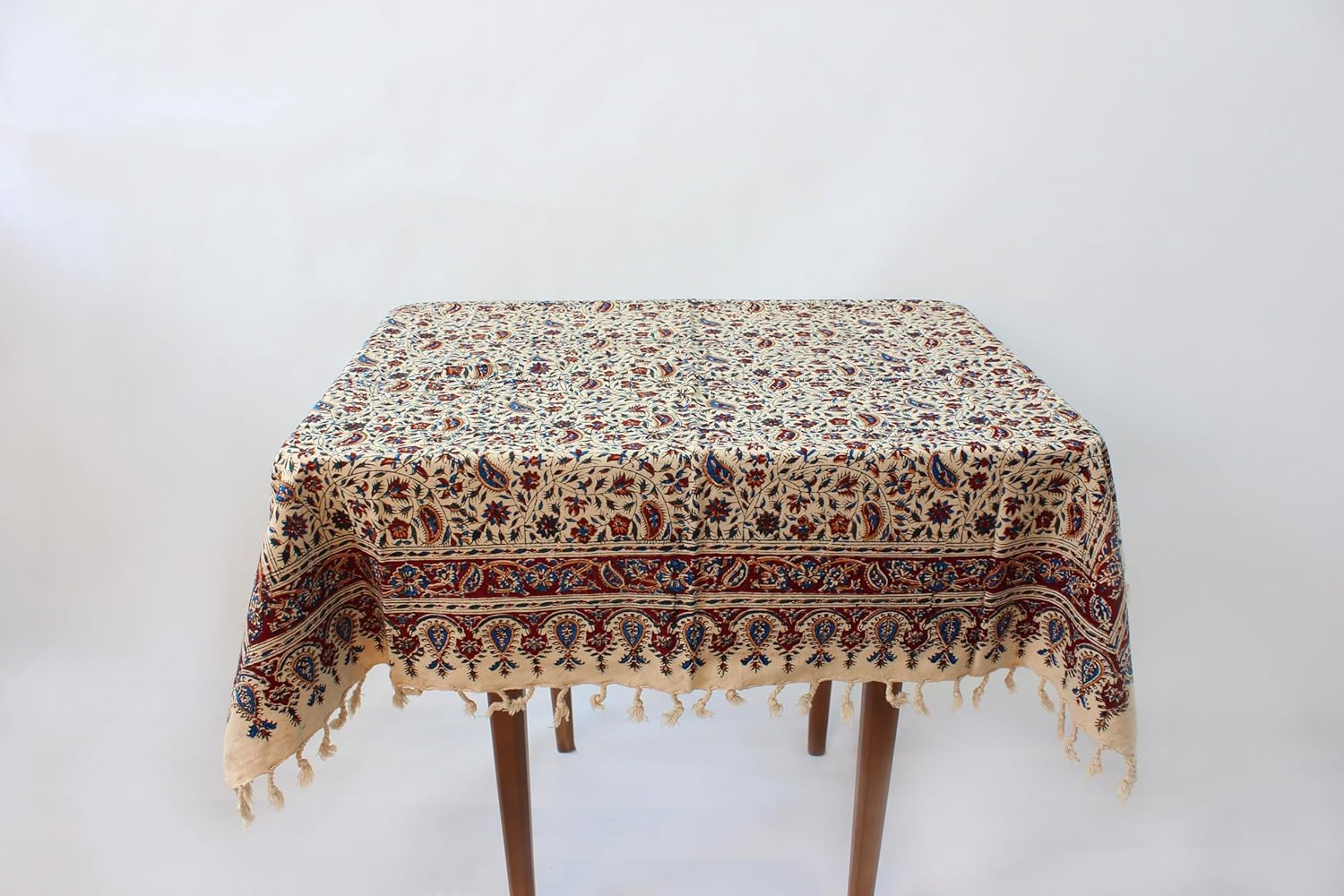 BLUENIYA 40" Square Ghalamkar Cotton Tablecloth – Hand Block Printed Persian Floral Vine, Washable